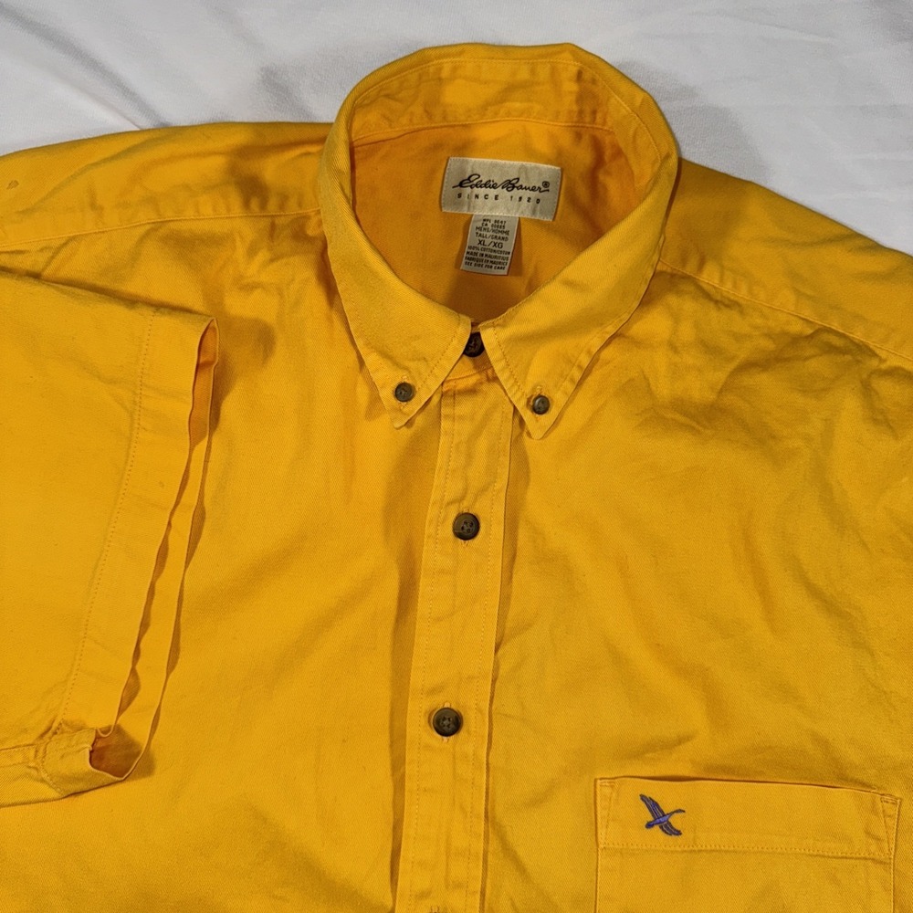 Vtg 90s Eddie Bauer Men XL Tall Chambray Button S/S Workwear Mustard Y2K Shirt